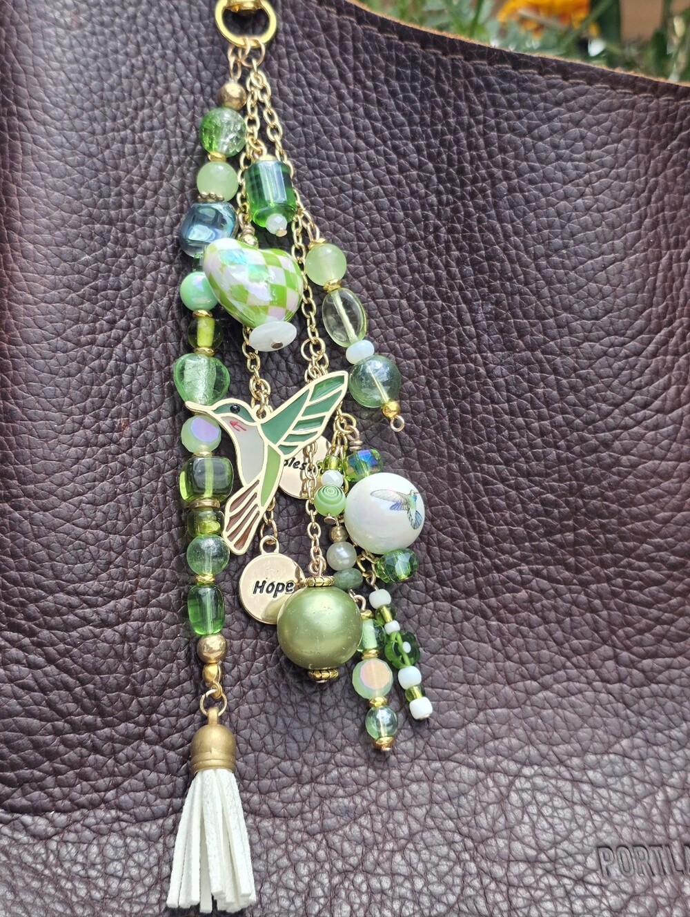 Green and White Beaded Hummingbird Blessed Bag Charm